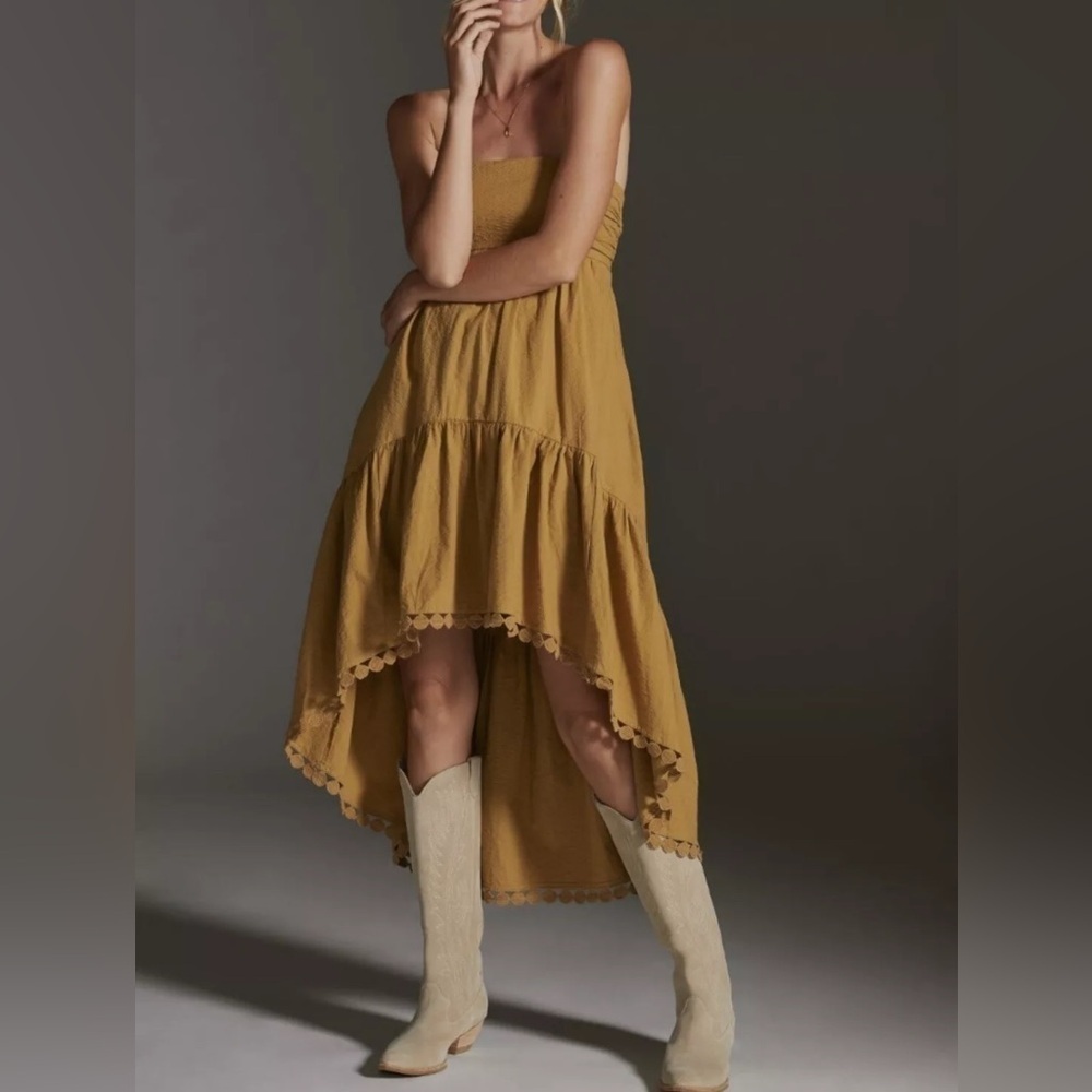 Strapless High-Low Dress in Mustard with Smocked Bodice
